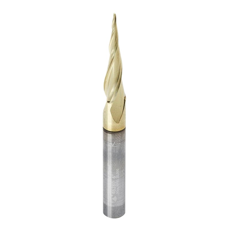 Amana Tool Up Cut Spiral CNC Router Bits for 2D/3D Carving, ZrN Coated, 46280, 6.2 Deg Tapered Angle Ball Tip x 1/32 D x 1/64 R x 1 x 1/4 Shank 3 Fl - Image 1